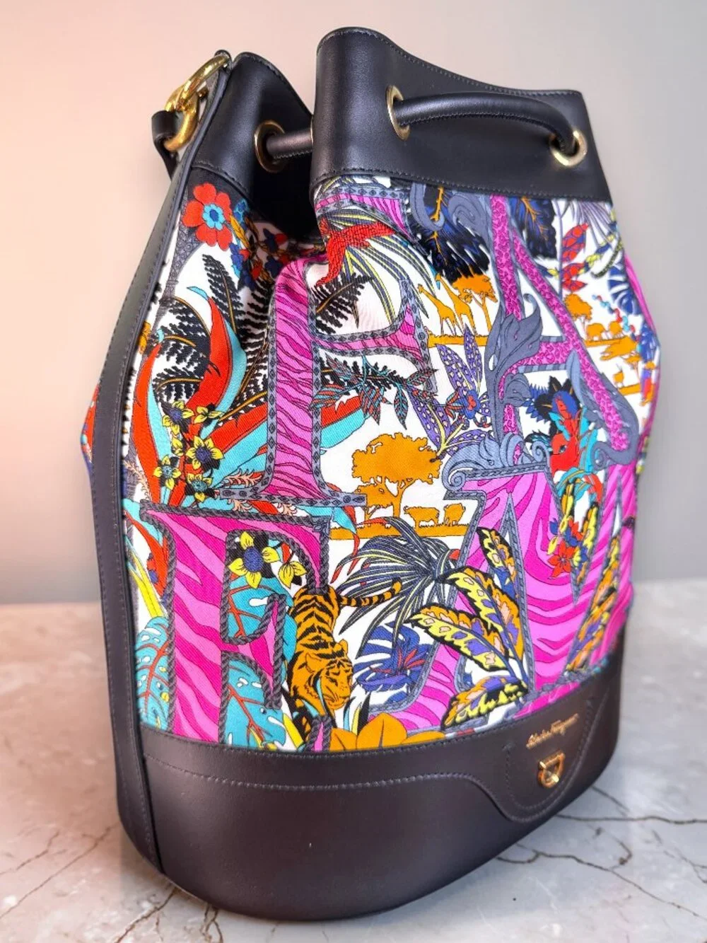Salvatore Ferragamo Gancini Safari Nylon & Leather Bucket Backpack with BOX NEW
